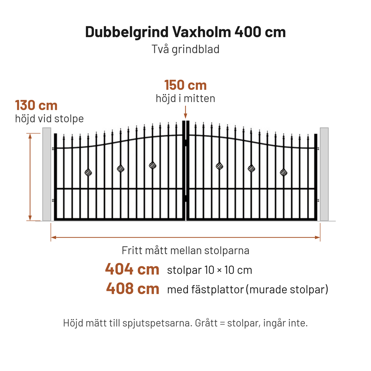 Måttskiss Dubbelgrind Vaxholm 400 cm – 404 cm mellan stolparna, 408 cm med fästplattor, höjd 130–150 cm