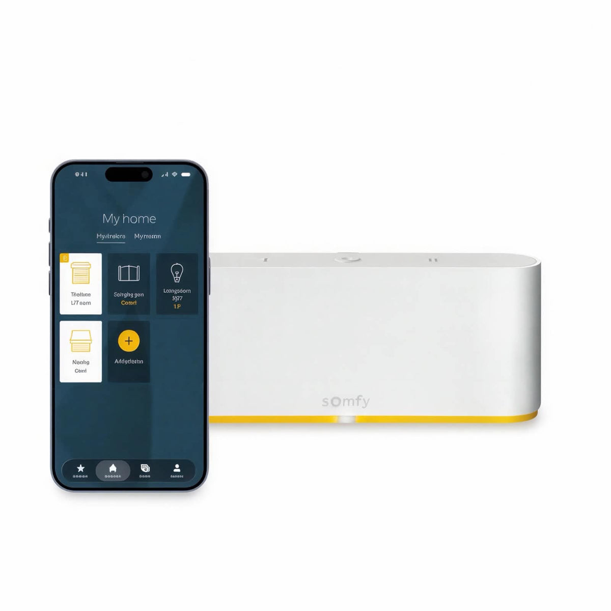 Somfy styrenhet med appstyrning Plus i vitt bredvid mobil med TaHoma-appen